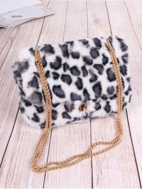 Leopard Print Plush Drawstring Purse